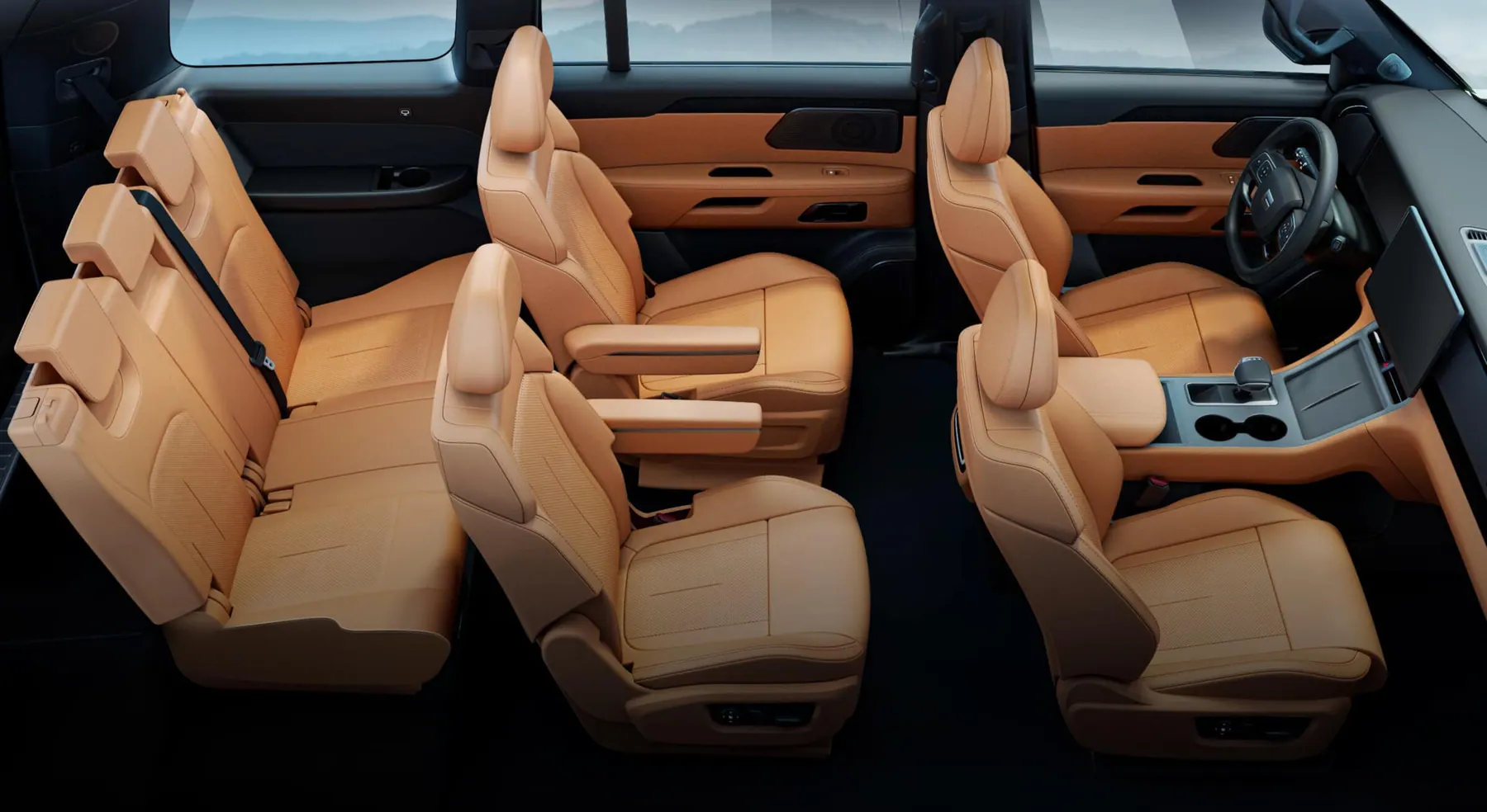 Interior del ROX 01 en cuero coñac, configuración de siete plazas